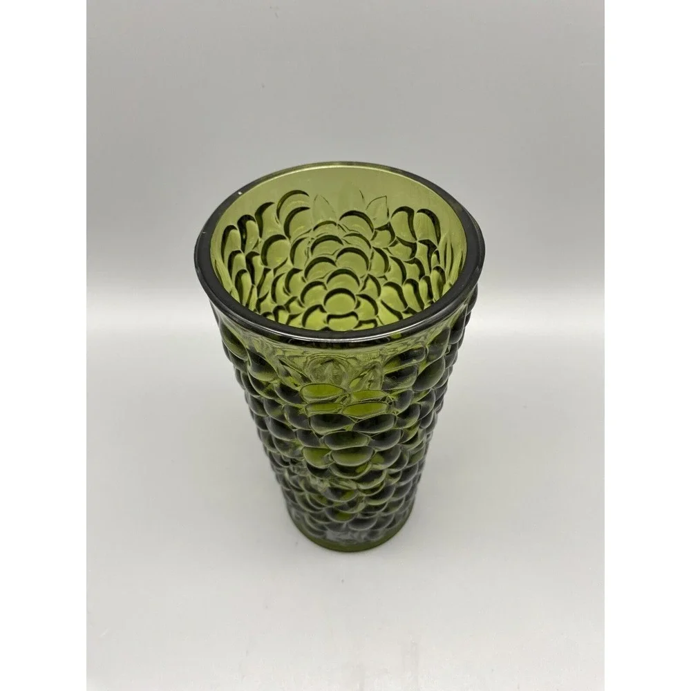Mid-Century Modern Indiana Avacado Green‎ Glass Vase W/Embossed Grapes